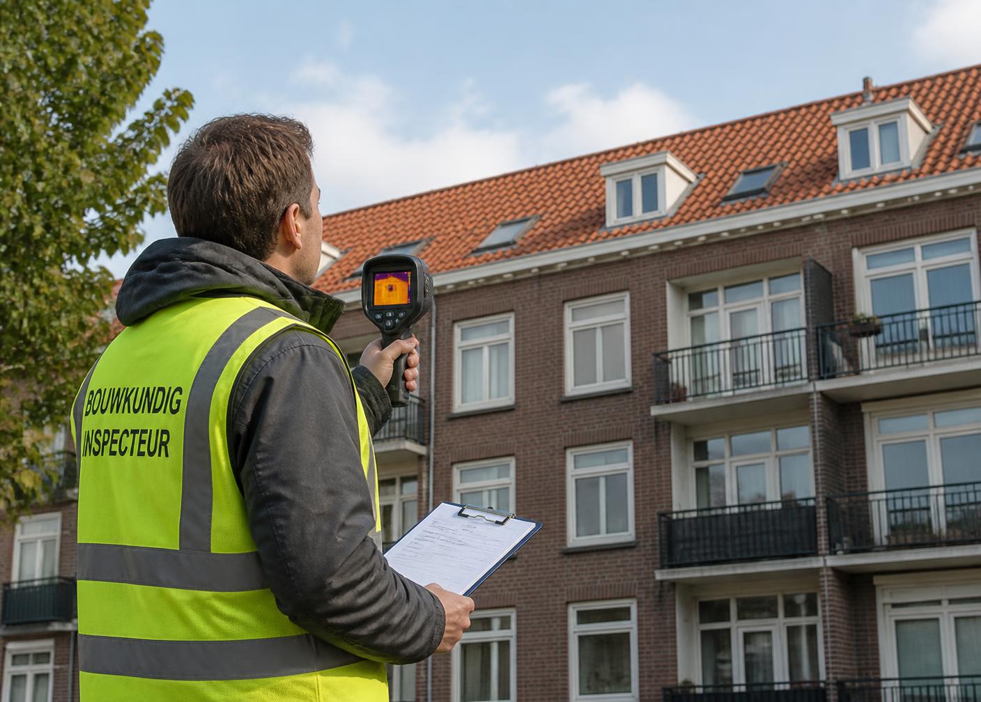 Bouwkundig inspecteur beoordeelt de gevel van een appartementencomplex met een warmtebeeldcamera